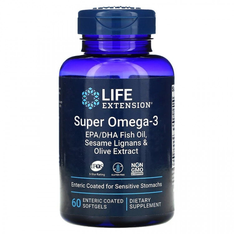 LIFE Extension Super Omega-3 EPA/DHA Fish Oil, Sesame Lignans & Olive Extract (60 капс)